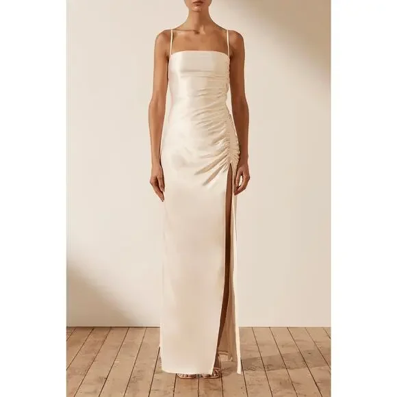 Shona Joy | Dresses | Shona Joy La Lune Ruched Side Slit Maxi Formal Slip L Dress  Gown Cream 4 | Poshmark